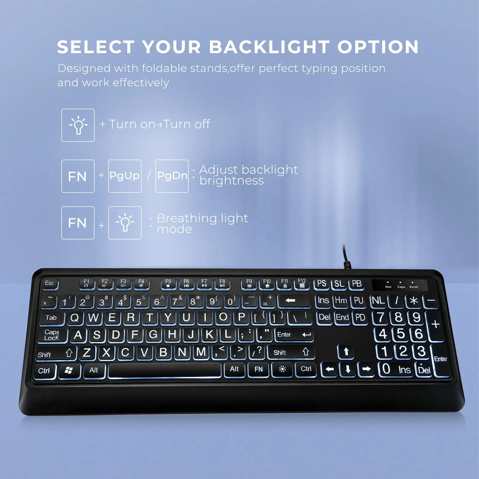 Imagem -04 - Grande Impressão Backlit Usb Teclado Computador com Fio Tamanho Completo Branco Iluminado Led Apto para Windows Desktop