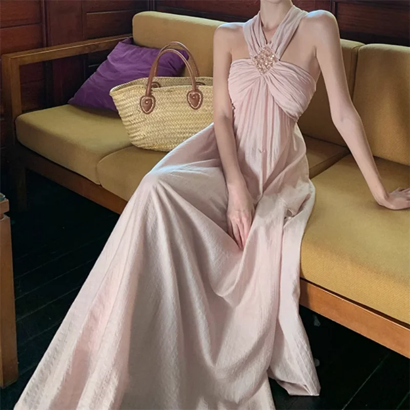 

Holiday Beach halter backless Long pink Dress Summer Fashion Off Shoulder Sleeveless Seaside Vacation a line maxi dress Robe