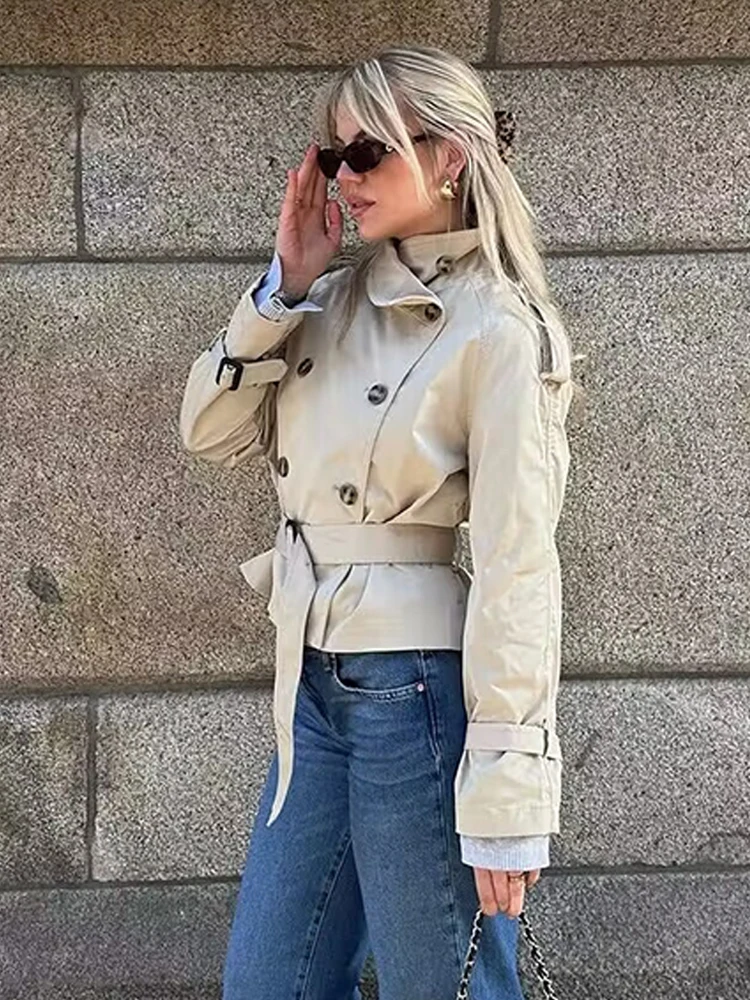 HH Women Fashion Double Breasted Belt Decoration Short Coat Female Autumn Solid High Collar Asymmetrical Casual Street Jacket