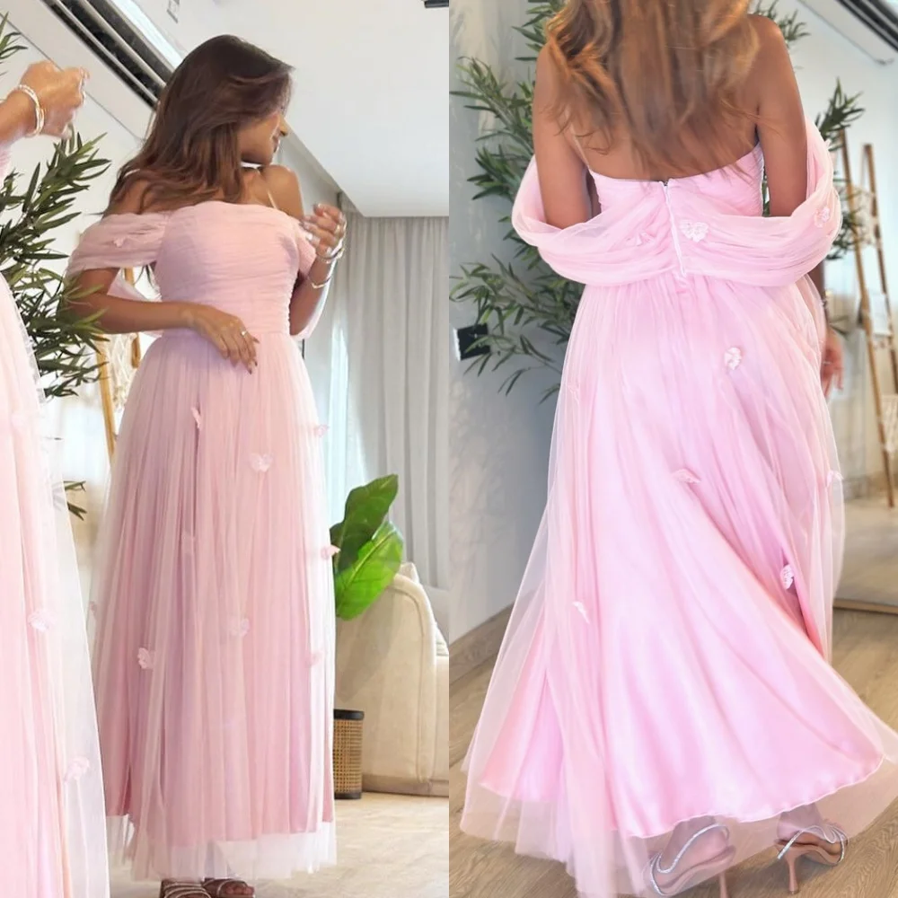 

Elegant Chinese Style Tulle Flower Pleat Draped A-line Off-the-shoulder Midi Dresses Cocktail Dresses Matching Casual Pastrol