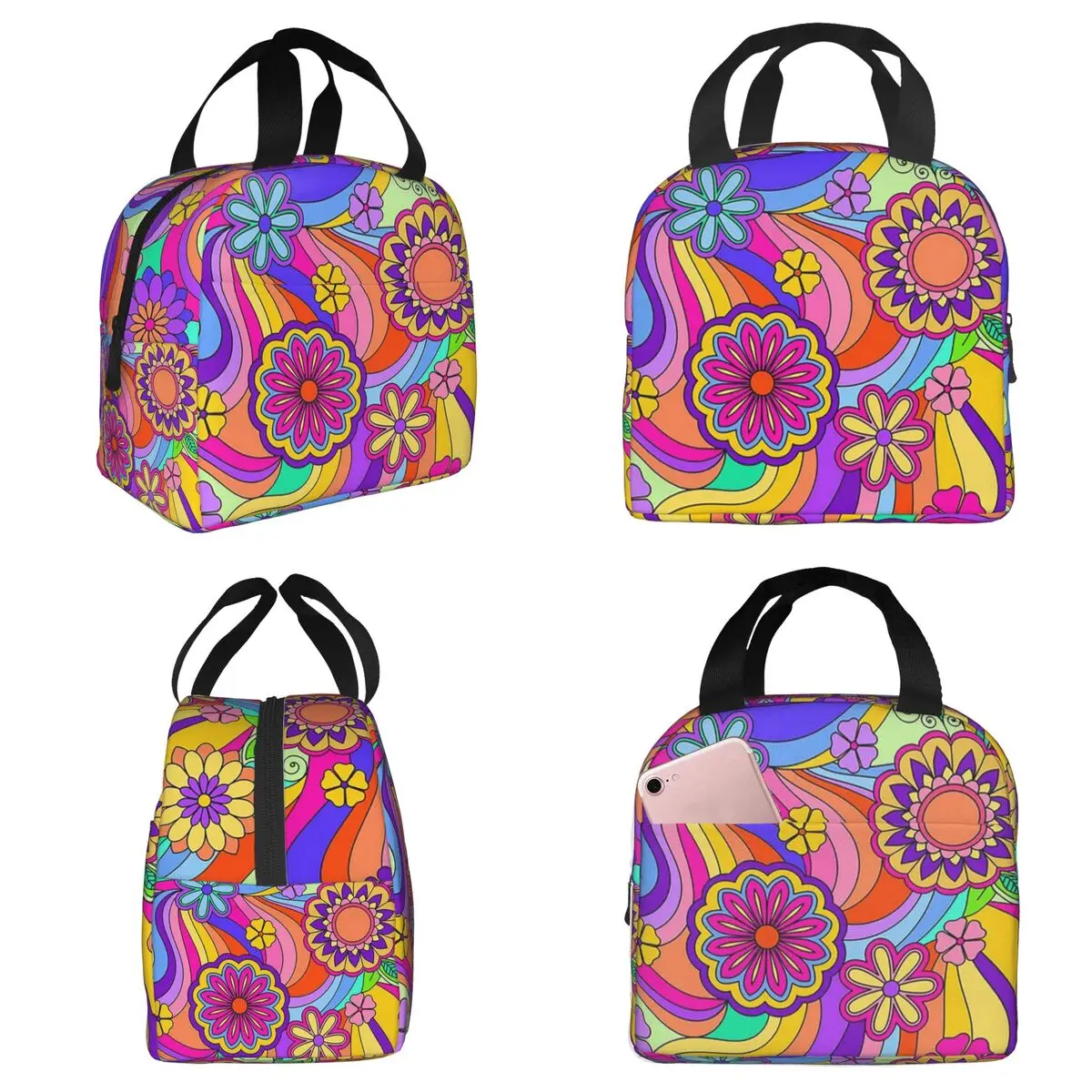Hippie Colorful Flower Insulated Lunch Bag for Kids School Cooler Thermal Food Box Tote Portable Lunch Boxes Container