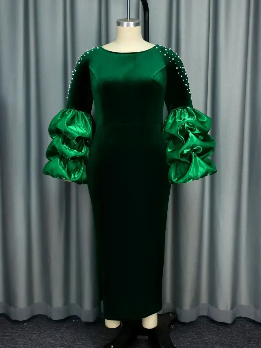 2024 Green Vintage Velvet Christmas Party Dress For Women O Neck Lantern Sleeves Nail Beads Wedding Birthday Party Banquet Gowns