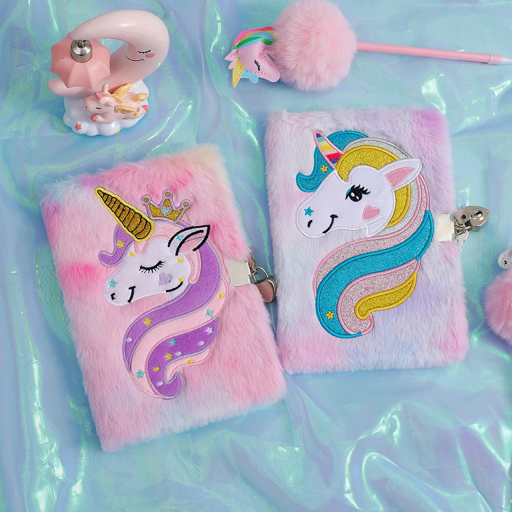 Cute Plush Cartoon Unicorn With Lock Notebook Ball Pen Set Gift Children's Kawaii Daily Handbook Kid Gifts