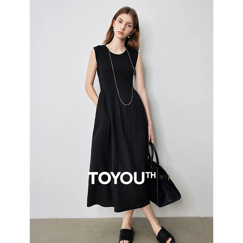 TOYOUTH Women Tank Dress 2024 Summer New Sleeveless Dress Slim Fit Solid Color Black Maxi Ankle Length Party Dress