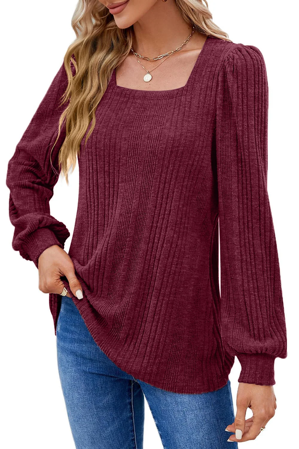 Blusa de manga larga de punto para mujer, Jersey ajustado de cuello cuadrado de Color sólido, estilo occidental, Otoño, nueva moda