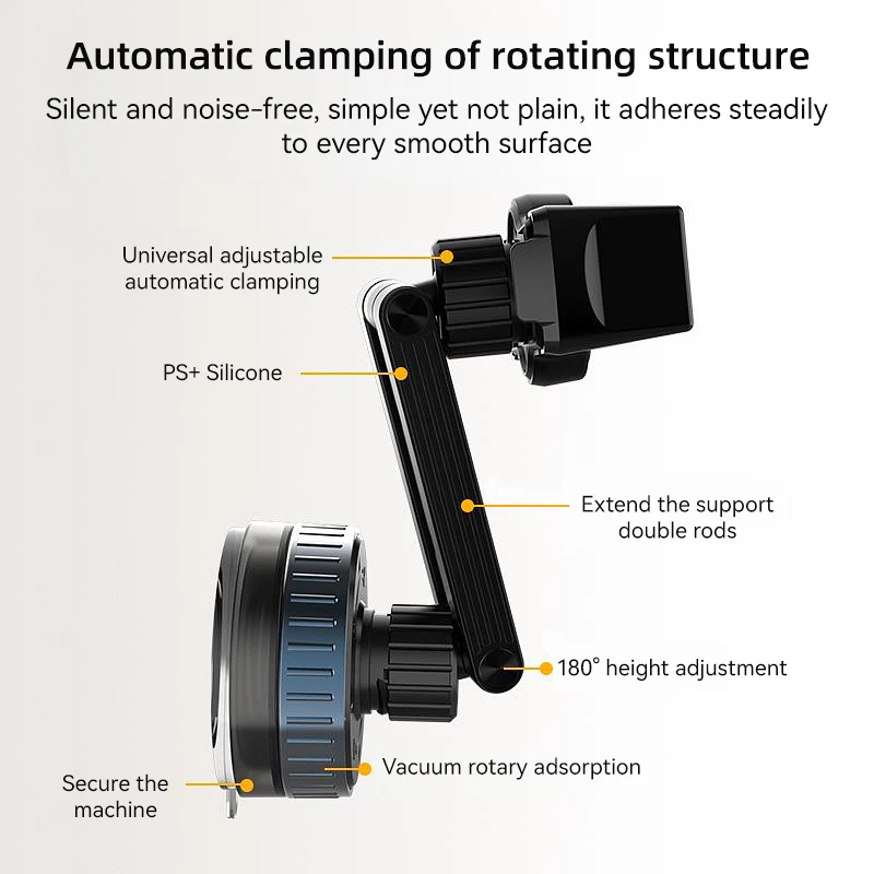 Mechaniczny uchwyt na telefon z przyssawką, obrotowy, rozkładany i regulowany, obrót o 360 stopni.