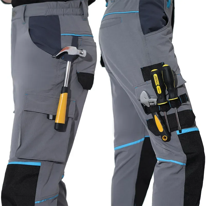 Pantaloni da lavoro ad alta elasticità Pantaloni da lavoro cargo multitasche da uomo con strisce riflettenti Pantaloni da lavoro ad alta visibilità con ginocchiere