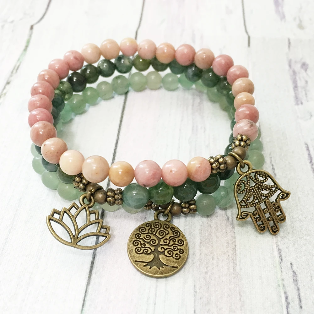 MG0482 6 MM Rhodonite Hamsa Charm Bracelet High Grade Moss Agate Energy Bracelet Natural Green Aventurine Women`s Jewelry