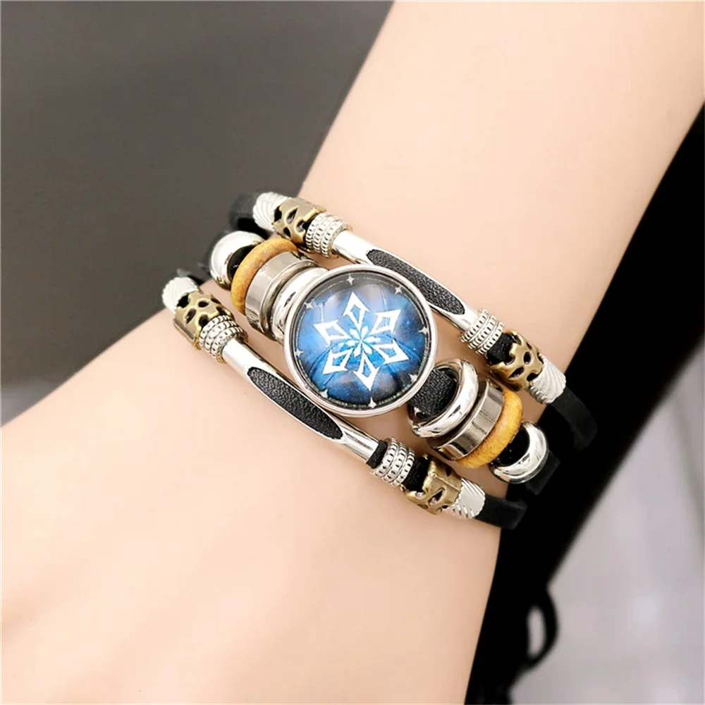 Luminous Genshin Impact Leather Bracelet Game Cosplay Props Eye of God 7 Element Snap Button Bracelets Wristband For Men Women