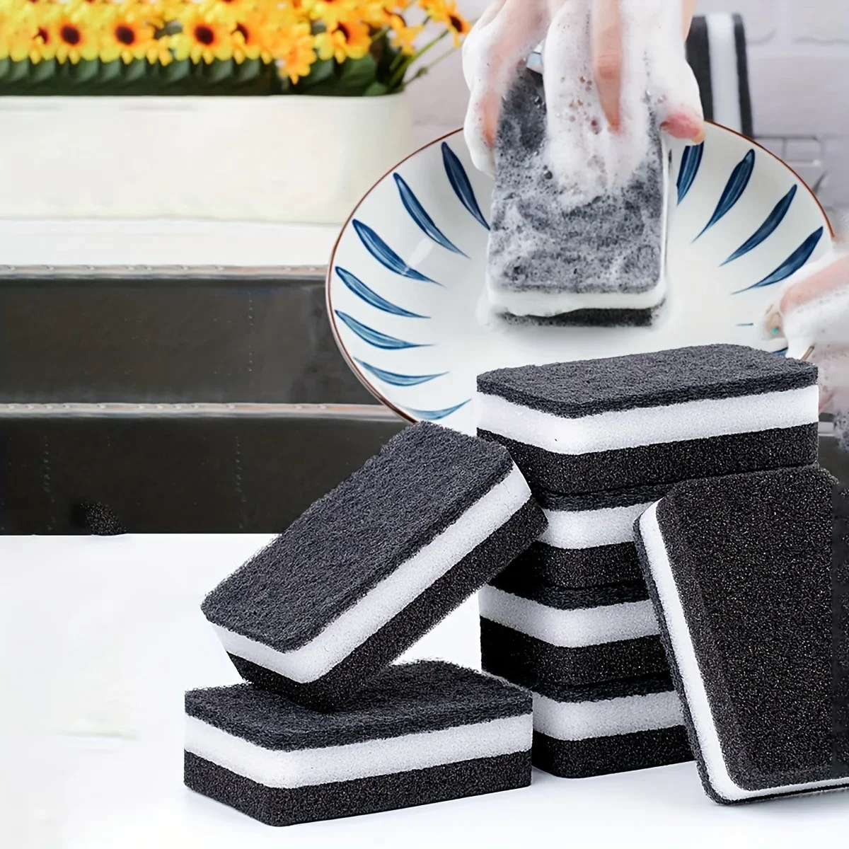 5/10pcs-Black sandwiched white double-sided thickened dishwashing sponge, scouring cloth, kitchen cleaning and stain removal