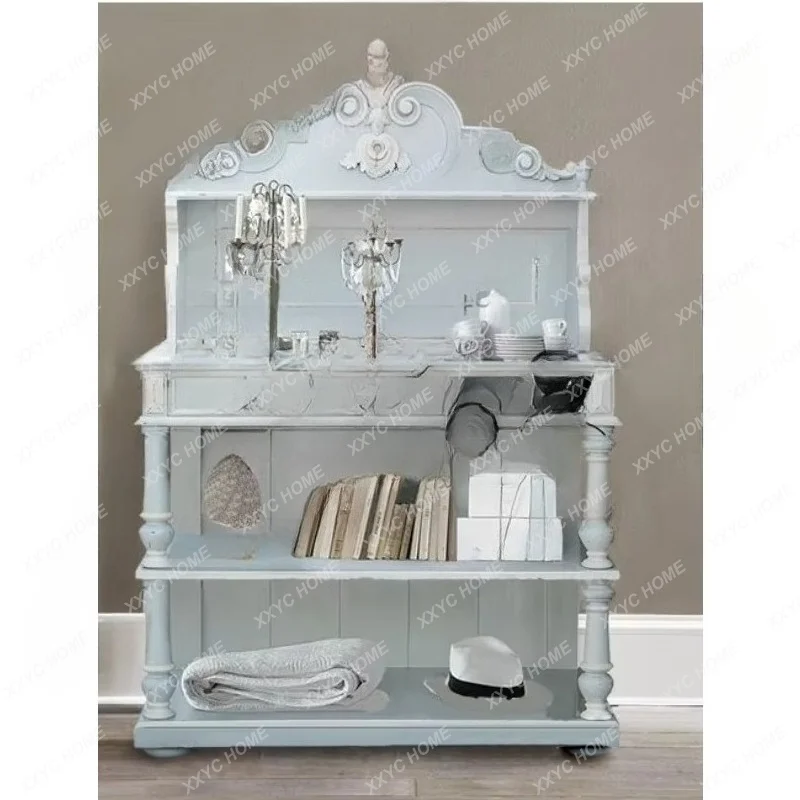 solid wood carving flower bookcase,  classical light blue stroke carved dining cabinet