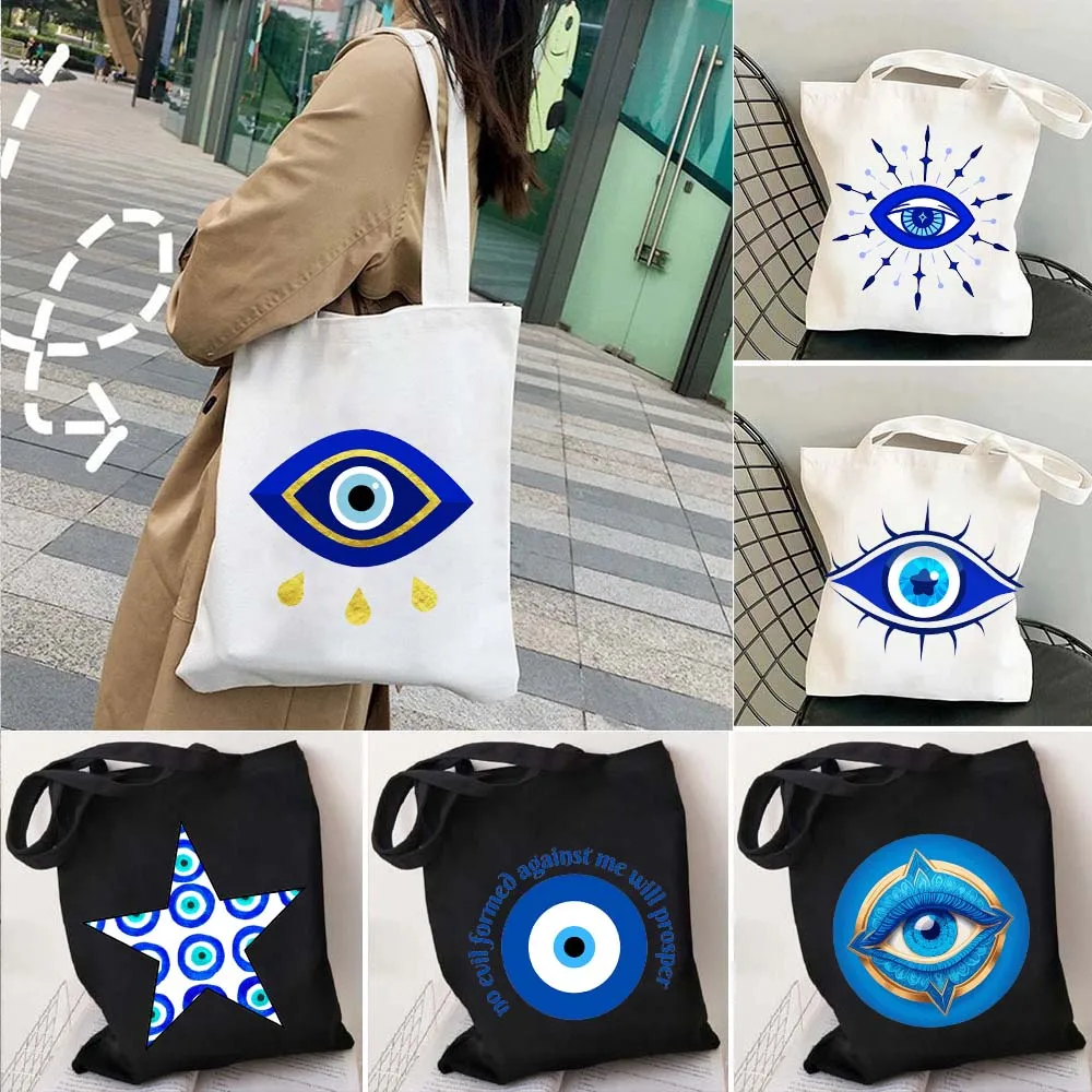 Graffiti Greek Nazar Blue Evil Eye Tree Groovy Flower Blue Mandala Cute Gifts Shoulder Canvas Totes Shopping Bag Travel Handbags