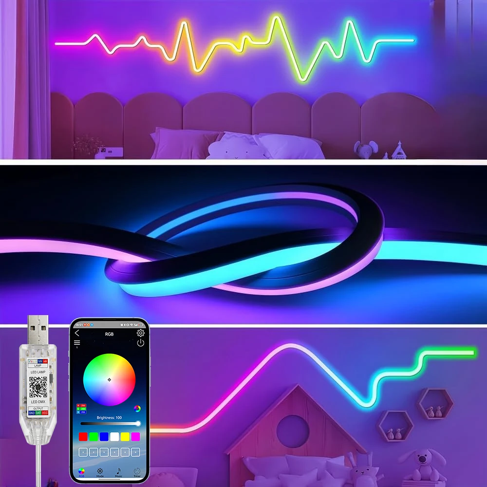 Smart 10m 5m 3m 2m 1m RGBIC Neon Strip Light 5V Bluetooth/Remote USB Neon Led Strip Lights Waterproof Flex Ribbon Led Music Sync