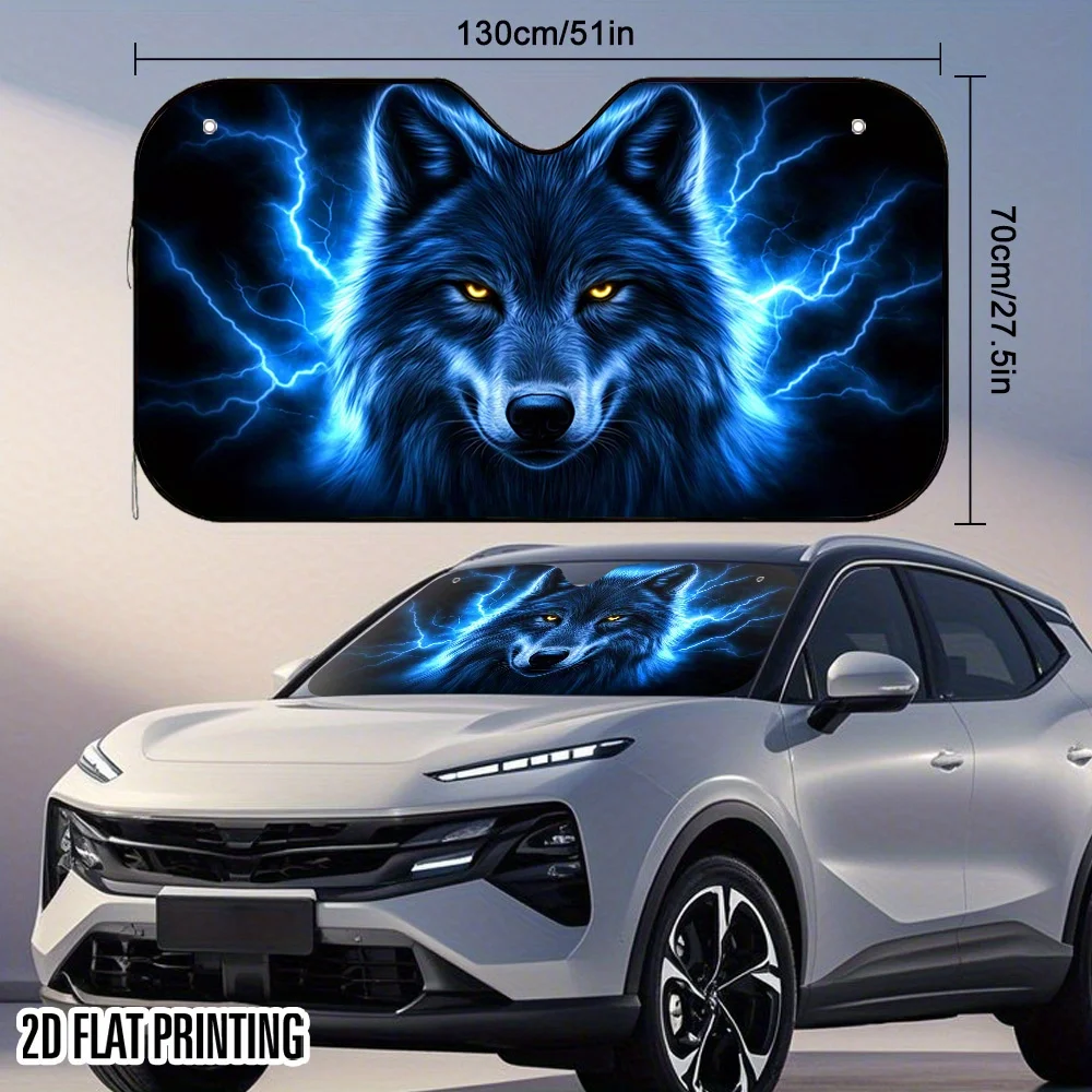 1pc 2D Flat Thunder Wolf Print Sunshade – Stylish & Foldable, Keeps Your Vehicle Cool, Easy Install With 4 Suction Cups, Space