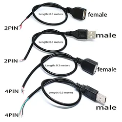 1pcs 0.3m Power Supply Cable 2 Pin USB 2.0 A Female Male 4 Pin Wire Jack Charger Charging Cord Extension Connector DIY 5V Line