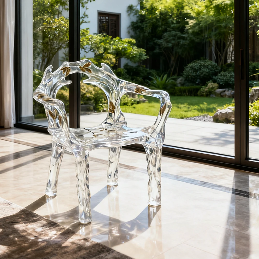 *Light Luxury Platinum Crystal Transparent Resin Contemporary Living Room Water Drop Leaf Chair Glacier Tea Table Art Armchair