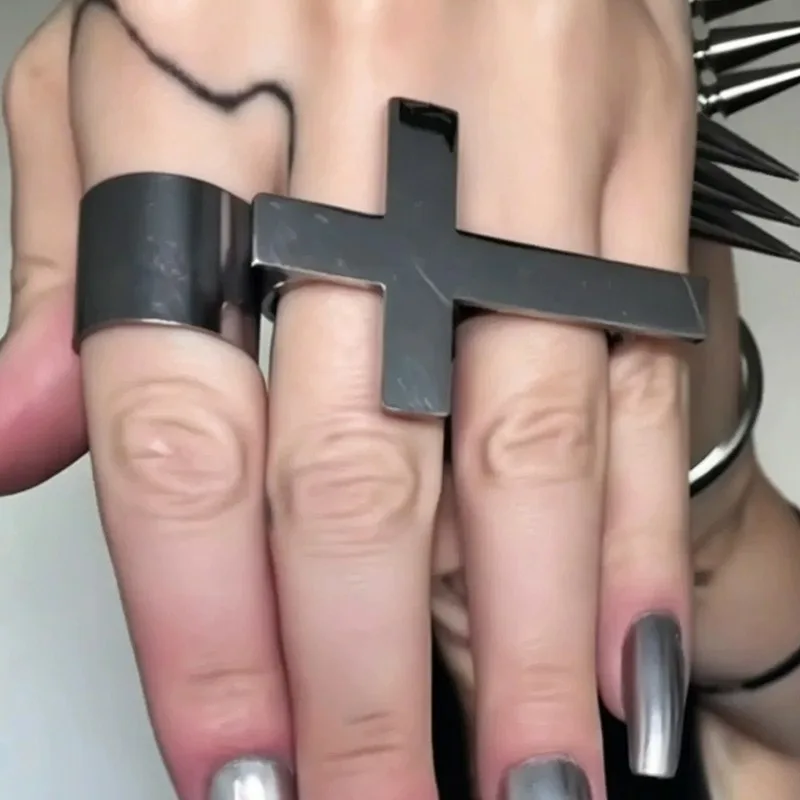 Punk Cross Ring Two Finger Ring Engraving Name Silver Stainless Steel Ring Men Knuckle Jewelry Personalized Gift for Boyfriend - view 2