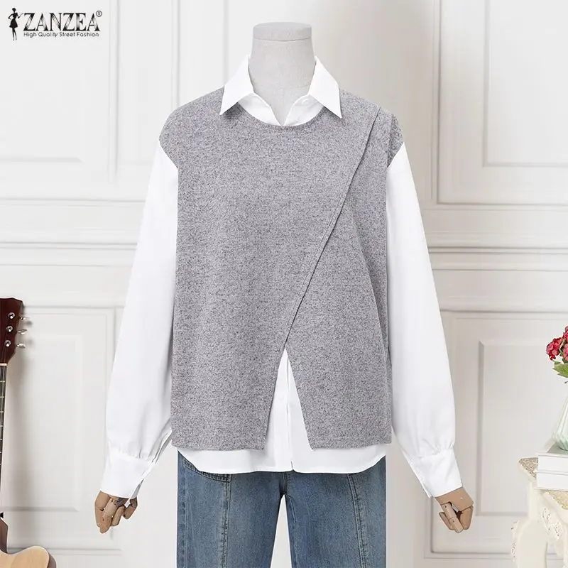 ZANZEA Women Fashion Patchwork Shirts Autumn Long Sleeve Blouse 2026 Casual Lapel Loose Elegant Office Streetwear Female Tops