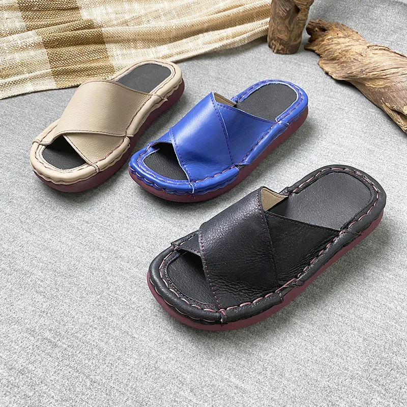 Careaymade-Summer Genuine leather outerwear thick sole slippers wear-resistant comfortable versatile cool breathable slippers