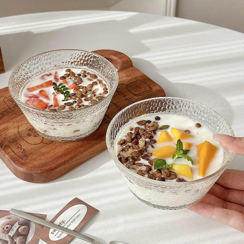 Korean Style Hammer Pattern Dessert Glass Bowl Home Breakfast Oatmeal Bowl Fruit Salad Ice Cream Bowl Bird's Nest Bowl