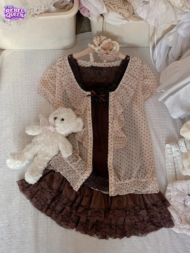 

French Sweet Elegant 3 Piece Set Women Polka Dot Doll Collar Cardigan + Lace Camisole + Tiered Cake Skirt Vintage Fashion Outfit