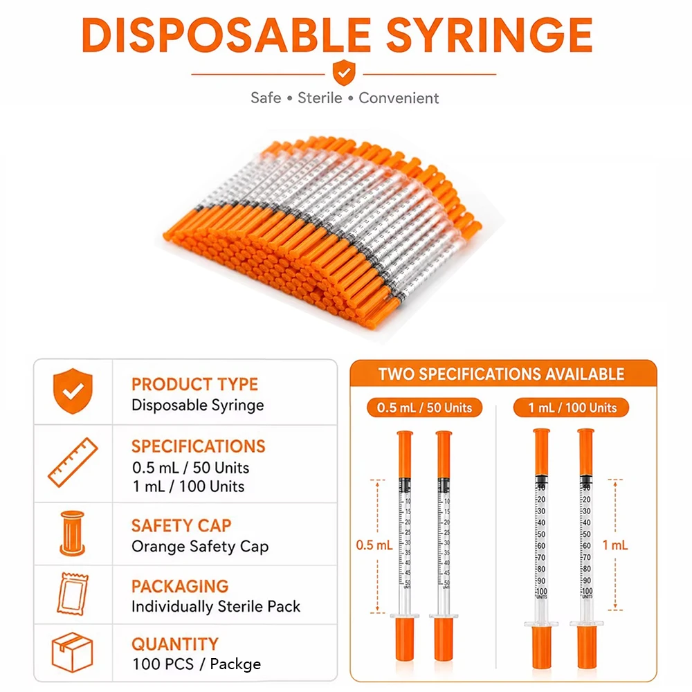 100-Pack Disposable Syringes Professional Laboratory Sampling Syringes Sterile Medical Grade for Insulin Veterinary Medication