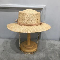 2022 new arrival raffia straw hat for women with letter and chain Wide Brim Floppy Sun Hat Summer Hats Lady Beach Cap