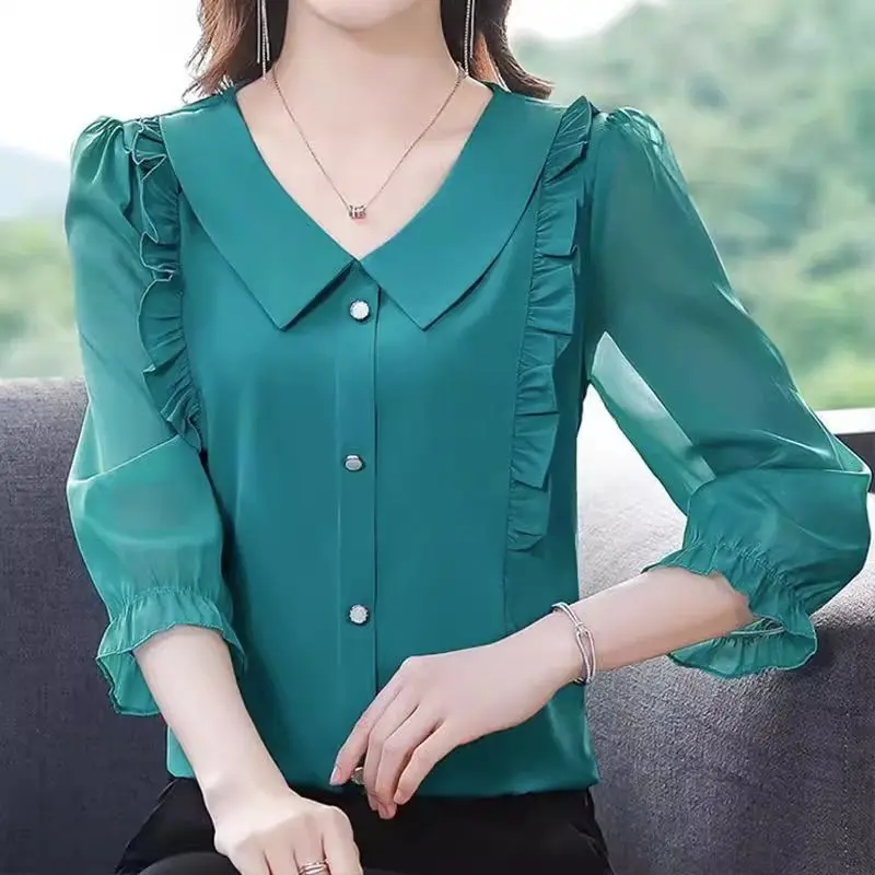 Women Korean Fashion Ruffle Elegant Button Shirt Spring Summer Casual Three-quarter Sleeve Blouse Solid Loose Tops Blusas Mujer