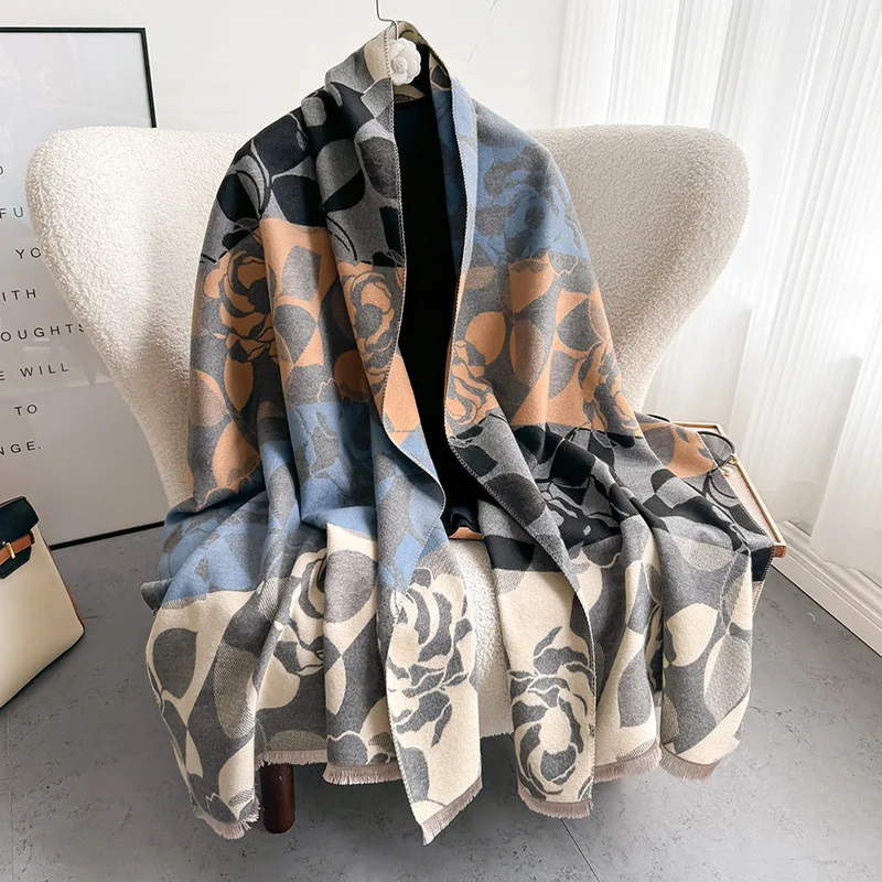 

Splicing Large Flower Imitation Cashmere Scarf Women's Fashion Warm Versatile Scarf Autumn and Winter Thickened High-end Drape