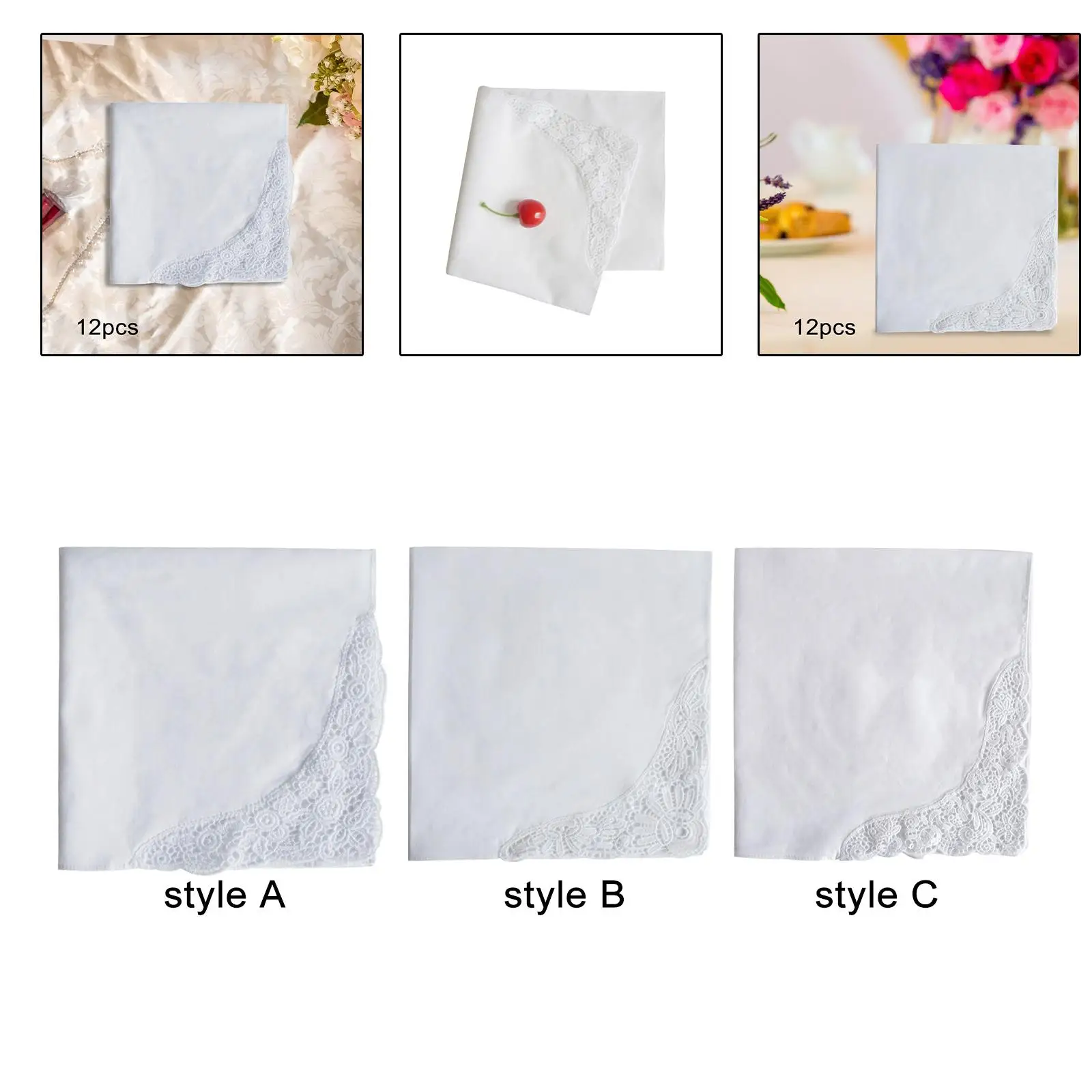 12Pcs Wedding Hankies White Handkerchief Bandanas with Lace Edge Ladies Hanky