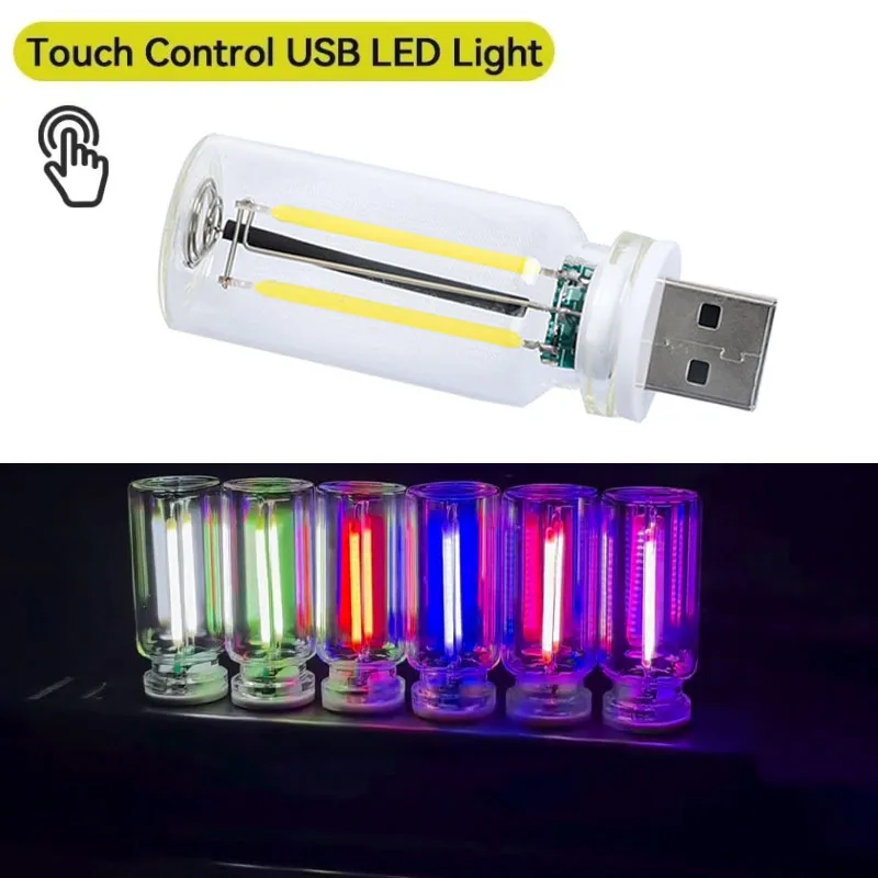 Car USB 5V Night Light Touch Dimmable LED Filament Lamp Portable Lighting Plug and Play Decorative Atmosphere Light