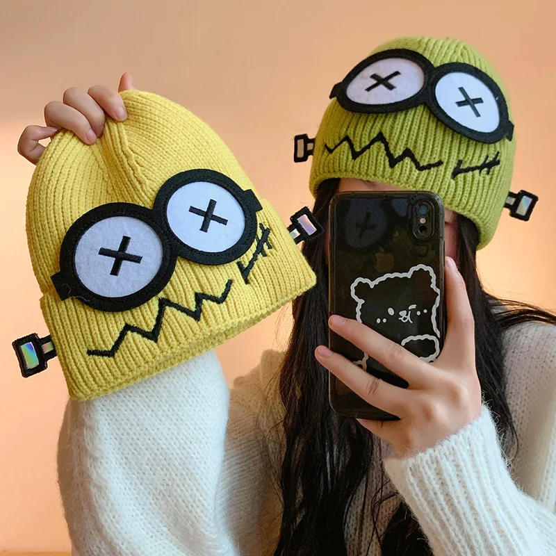 Kpop Cute Cartoon Cuff Beanie Cap Women\'s Candy Color Big Eyes Smile Skullies Hat Fashion Streetwear Student Warm Winter Knitted