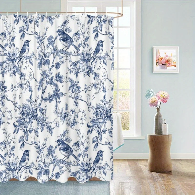 Vintage Blue & White Porcelain Shower Curtain - Birds Design, 72x72 Inches, Artistic Bathroom Decor, 12 Hooks Included