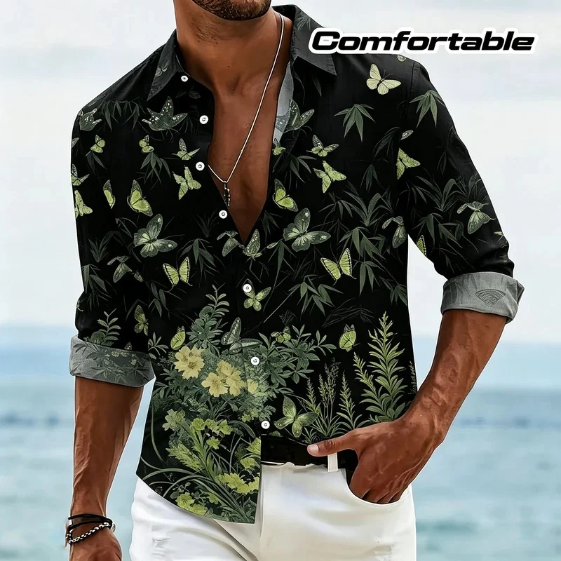 Hawaiian-style butterfly and bamboo leaf print long-sleeved shirt for men, breathable vacation casual collared shirt