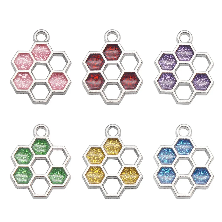 12PCS Enamel Honeycomb Charms Alloy Hollow Hive Pendant For Necklace Earrings Bracelet Jewelry Accessory