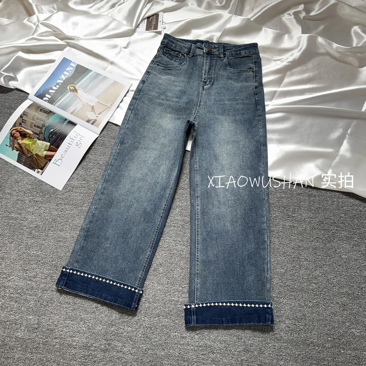 Cuffed Topstitching Cropped Wide Leg Jeans Women Soft Denim Spring Fall Slimming Petite Versatile Straight Pants