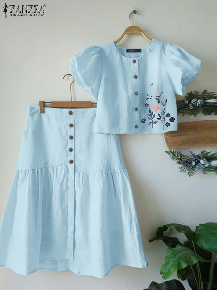 

Women Foral Printed Dress Sets ZANZEA Vintage Short Puff Sleeve Tops Suit Holiday Button Midi Skirt Outfits Casual Matching Sets