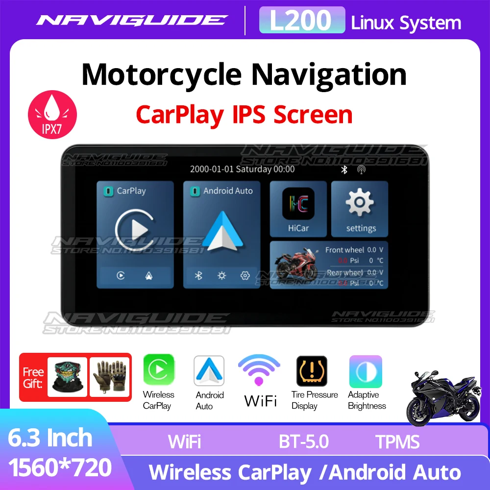 

NAVIGUIDE L200 6,3-дюймовый экран Carplay Мото-навигация Водонепроницаемый IPX7 Портативный мотоцикл Беспроводной Android Автоматический монитор Bluetooth