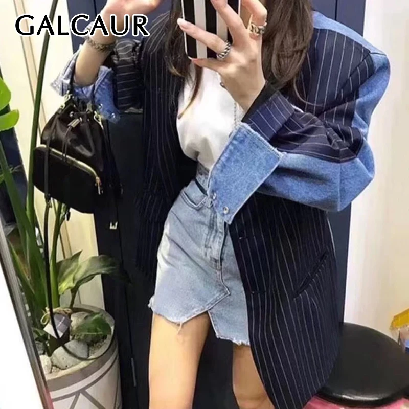 

GALCAUR Striped Patchwork Denim Jacket For Women Notched Collar Long Sleeve Spliced Signle Breasted Korean Style Fashion Clothes