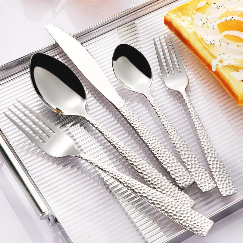 5pcs Hammered Pattern Stainless Steel Cutlery Sets Western Tableware for Restaurant Knife Fork Spoon Teaspoon Teafork Dinner Kit