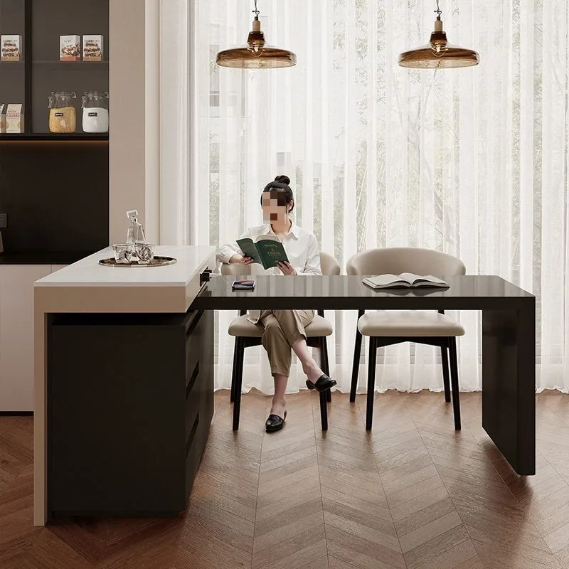 

New island dining table integrated household rotatable retractable rock slab small apartment kitchen middle island tea eating