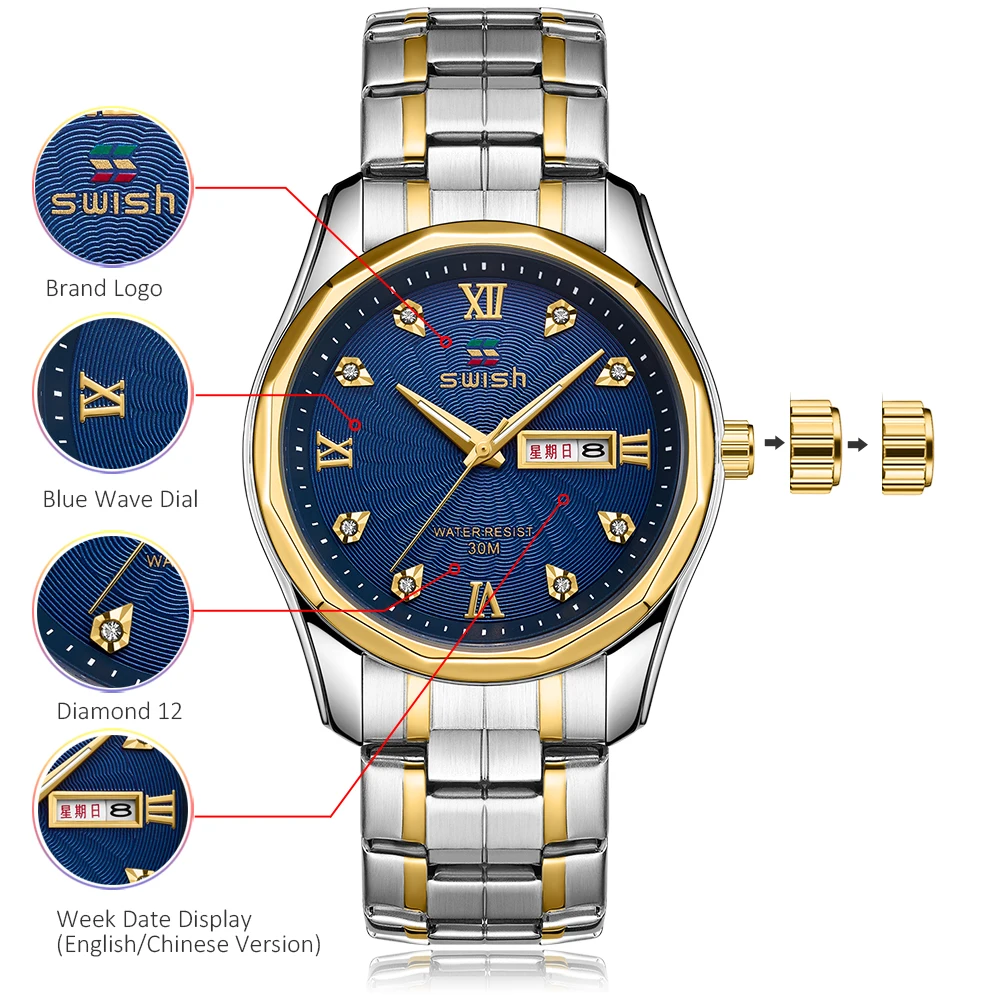 SWISH New Watches Luxury for Male Black Blue Face Stainless Steel Gold Wristwatch Business Quartz Clock Montre Homme Relogio