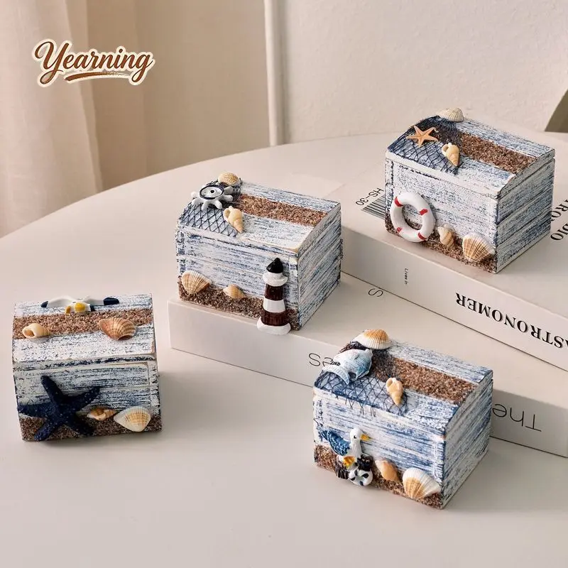 Mediterranean Mini Wooden Box Cute Treasure Chest Ring Jewelry Box Creative Storage Desktop Decoration Ornament