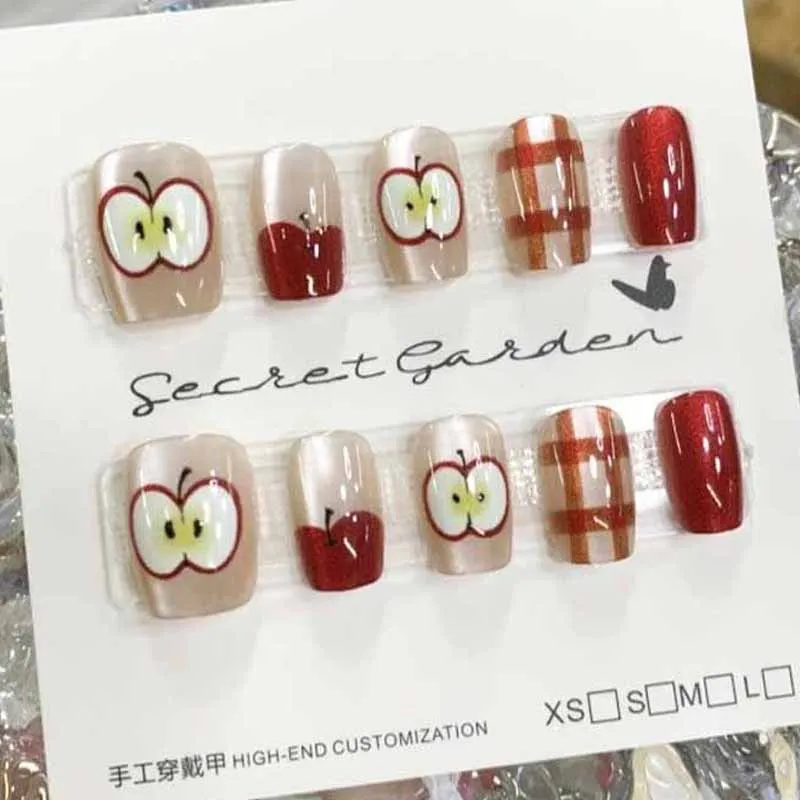 10Pcs Women Christmas Eve Cute Little Apple Press on Nails Red Grid Short Style Finger Princess Waterproof Ankola Red Fake Nails