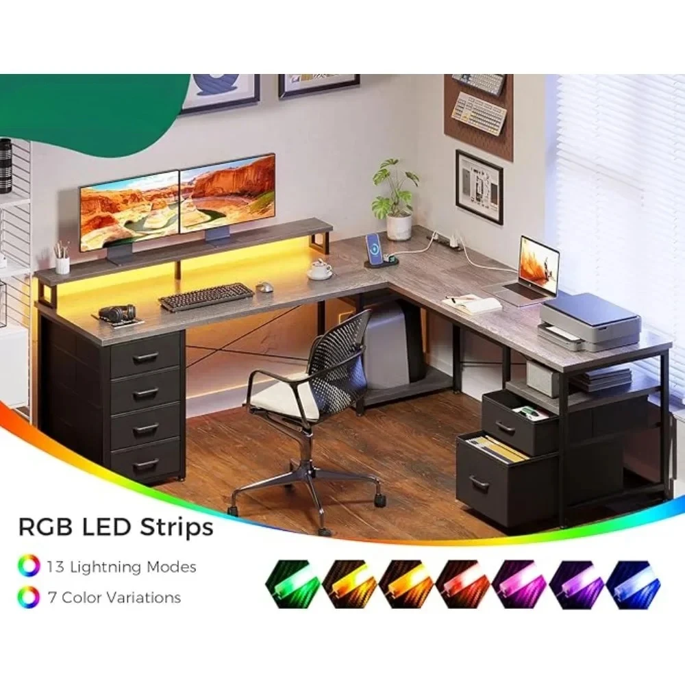 

66" L Shaped Desk – 113" Computer Desk with File Cabinet, 4 Fabric Drawers, Monitor Shelf & Power Outlet for Home Office