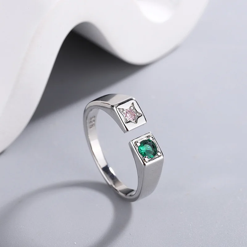 925 Sterling Silver Star Open Rings For Women Couple Pink Green Zircon Engagement Luxury Fine Jewelry Ladies Argent 925