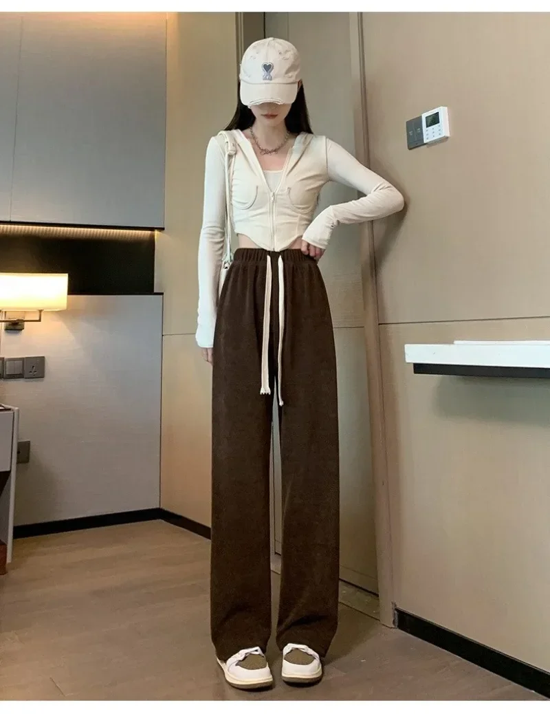 

New Autumn Gray Lace Up Pants Women Winter Plus Velvet Wide Leg Pants Women's High Waist Straight Warm Loose Y2k Trousers