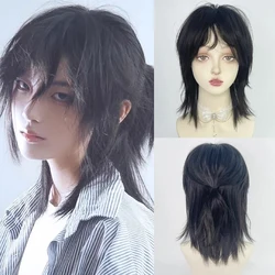 20inch-Synthetic Short Mullet Head Wigs with Bangs  Straight Anime Men Nature Black Hair Wig for Daily Party Cosplay