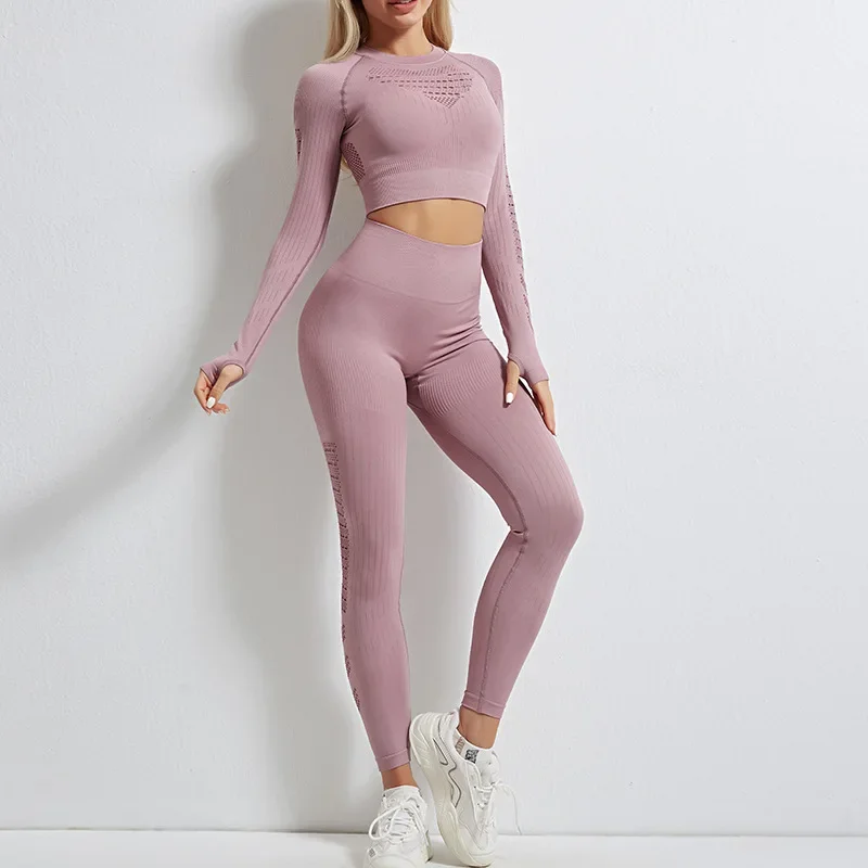 Tuta Legging a maniche lunghe senza cuciture pantaloni Fitness collant vestiti Set ragazza donna palestra Yoga abiti Traning allenamento Set donna