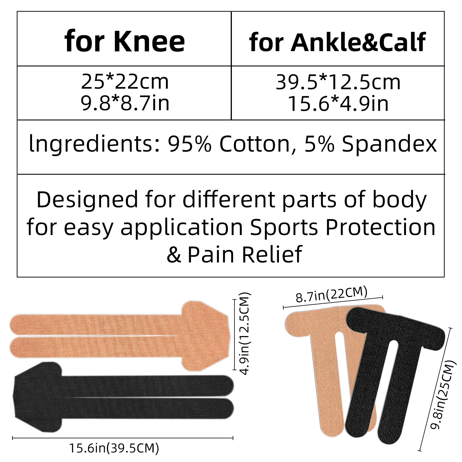 Kindmax Pre-Cut Kinesiology Tape 6 Pcs for Knee, Ankle, Sports Protection K-tape Patches, Preventing Injury and Pain Relief